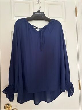 Dana Buchman Navy Tie-Neck Peasant Blouse